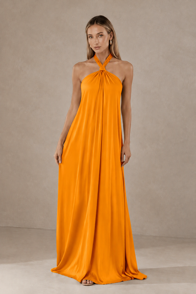 BOLODOO Orange Backless Halter Satin Bridesmaid Dress - Orange