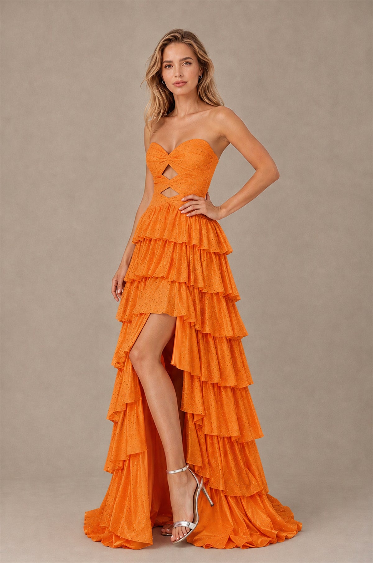 BOLODOO Orange Strapless Cutout Tiered Ruffle Prom Dress with High Slit - Orange - Orange (3)
