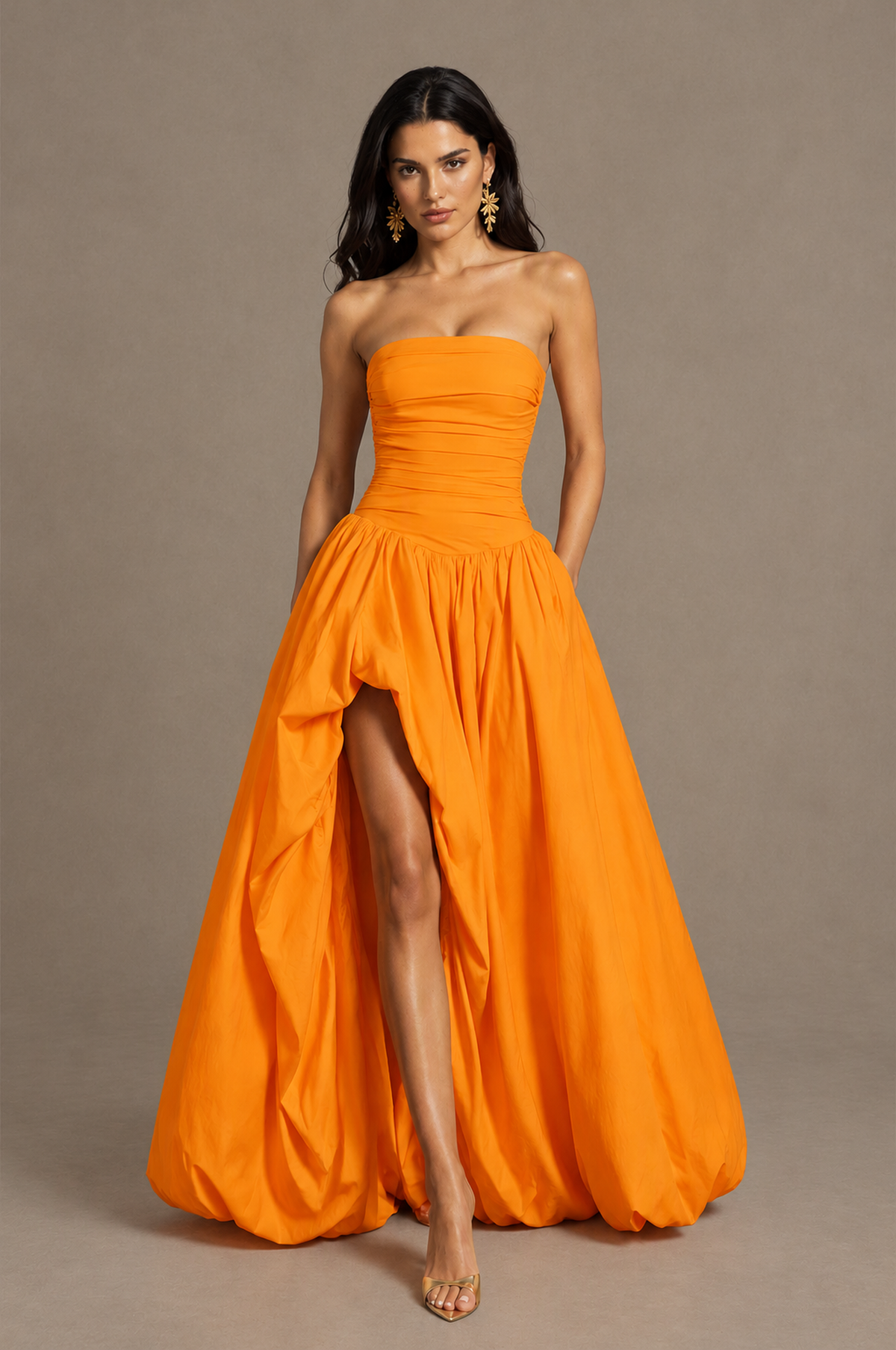BOLODOO Orange Strapless Ruched Corset Lace-Up Back Bubble Skirt High Slit Taffeta Maxi Dress - Orange