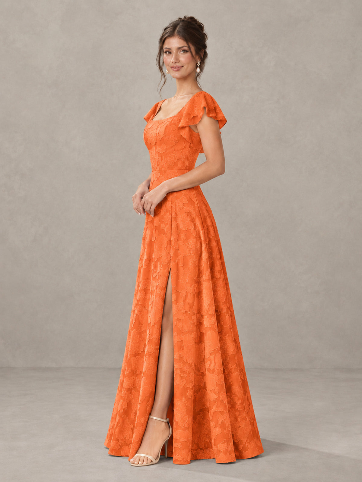 BOLODOO Orange Floral Flutter Sleeve Bridesmaid Dress with Slit - Orange - Orange (3)