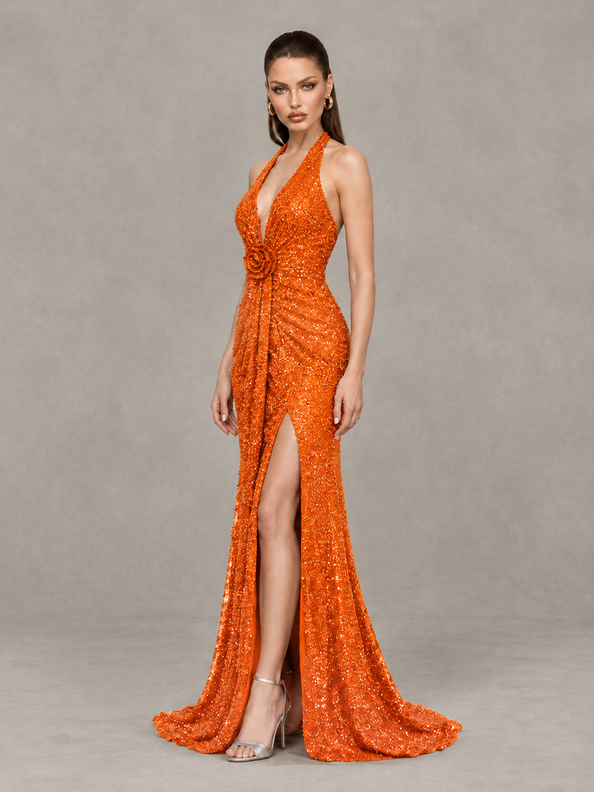 BOLODOO Orange Sequin Halter Open Back Evening Gown with High Slit - Orange - Orange (3)