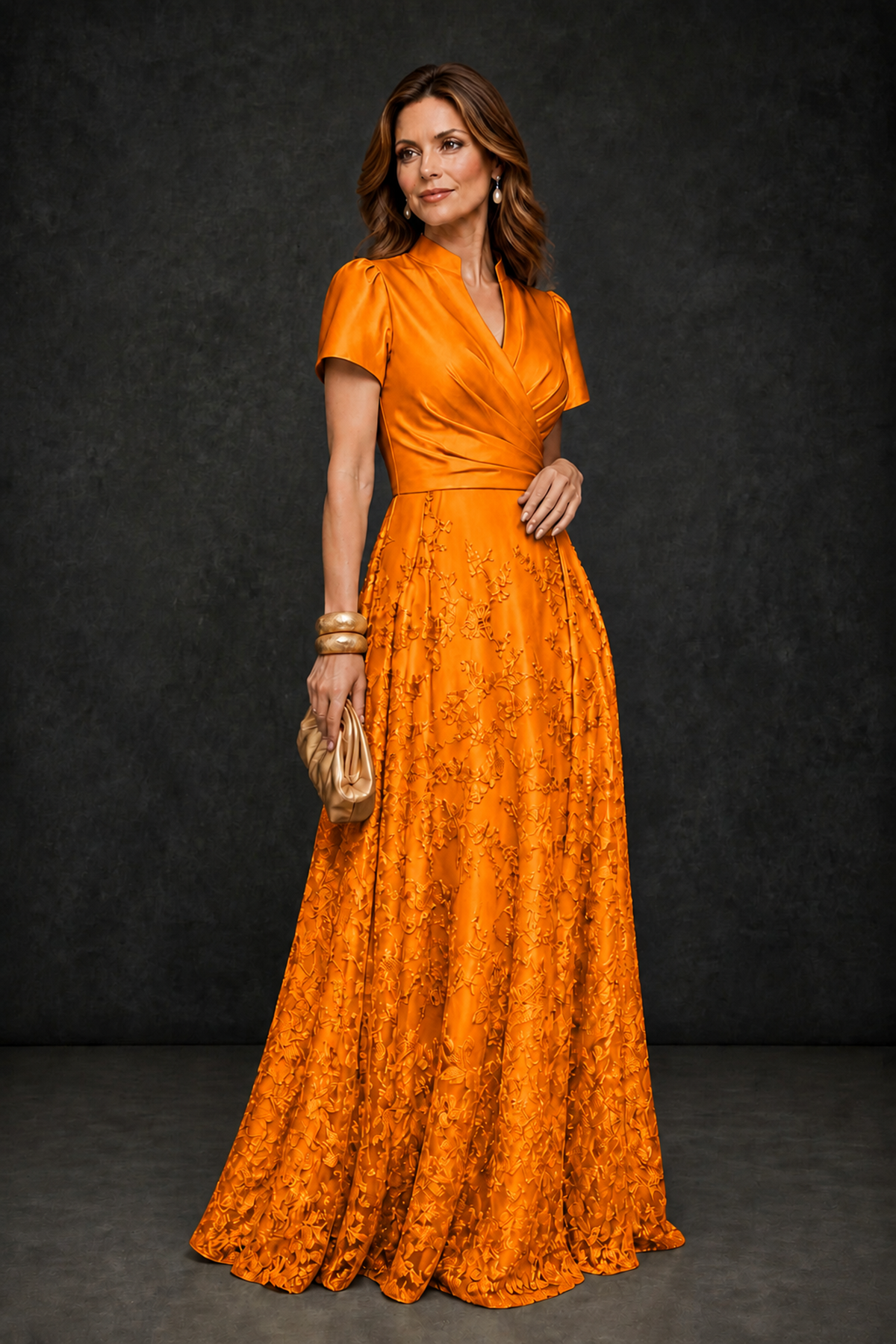 BOLODOO Orange Satin Wrap V-Neck Short Sleeve Lace Glitter A-Line Floor Length Evening Gown – Formal Dress - Orange - Orange (3)