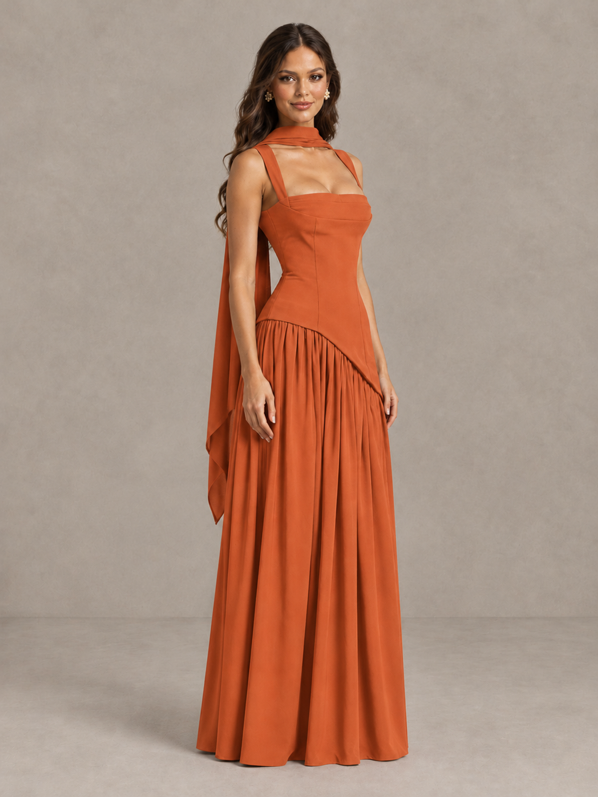 BOLODOO Orange Brown Scarf Bridesmaid Dress with Lace-Up Back - Orange - Orange (3)