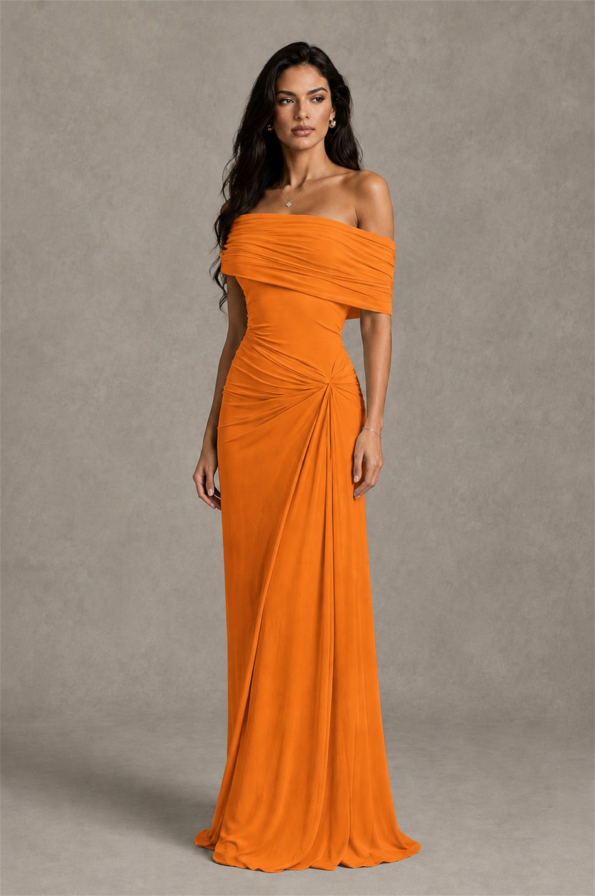 BOLODOO Orange Off-Shoulder Ruched Maxi Dress - Orange