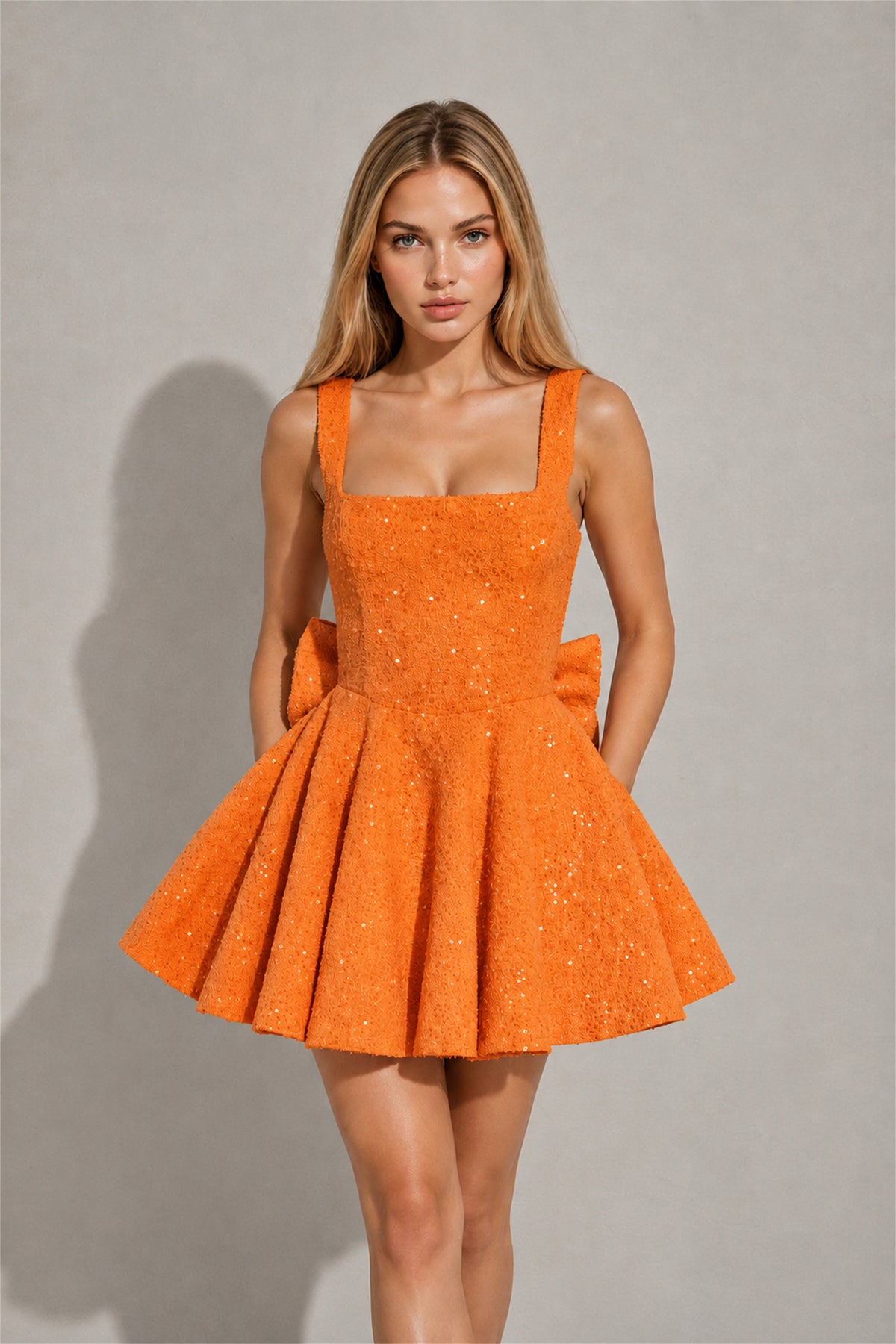 BOLODOO Orange Sequin Square Neck Wide Strap Bow Waist Open Back Fit and Flare Mini Dress | Prom Birthday Party Dress - Orange