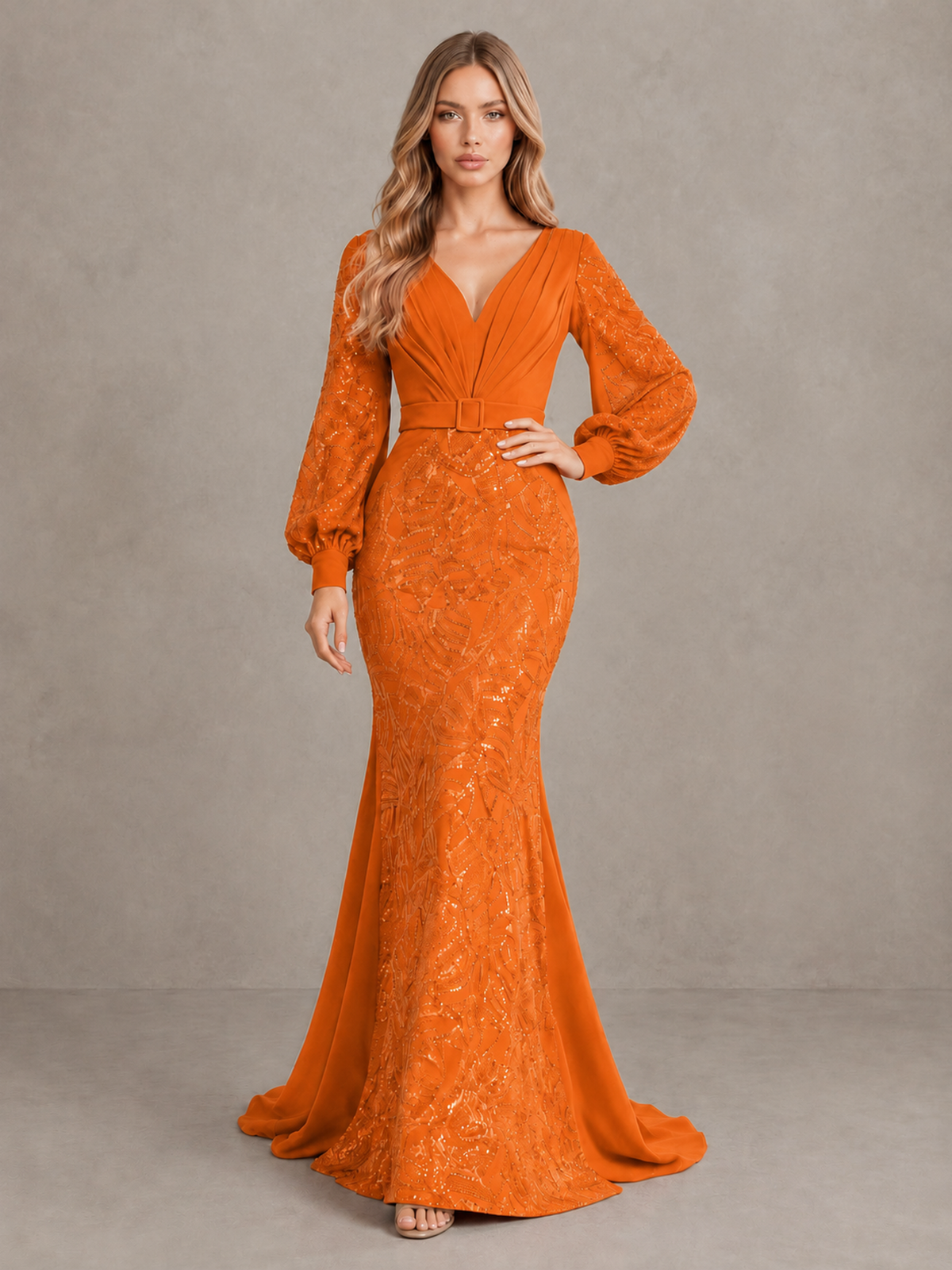 BOLODOO Orange Sequin Long Bishop Sleeve Mermaid Evening Dress - Orange - Orange (3)