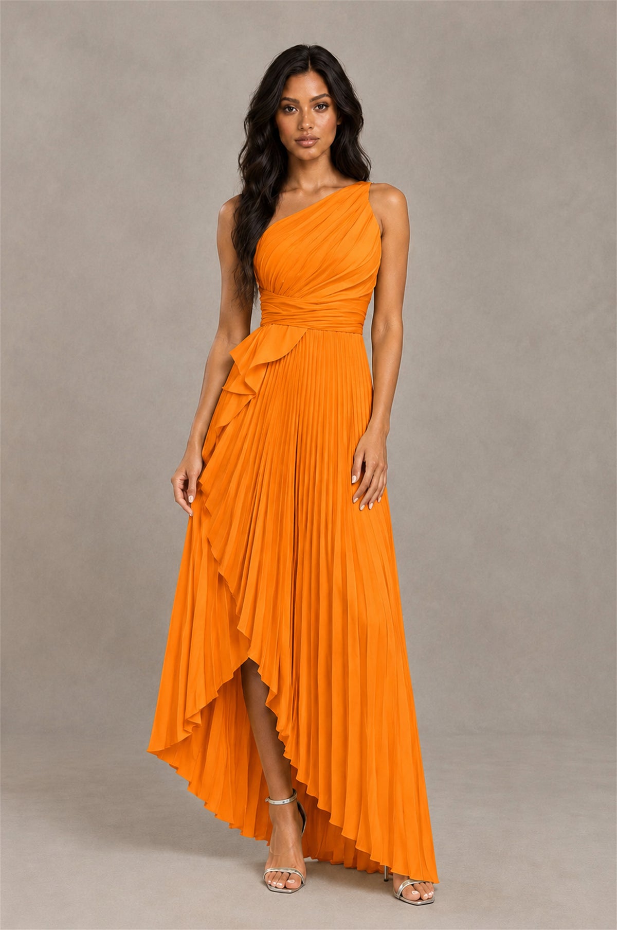 BOLODOO Orange One-Shoulder High-Low Ruffle Maxi Dress - Orange