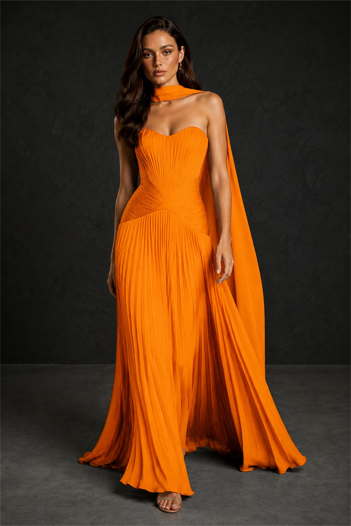 BOLODOO Orange Sweetheart Strapless Neck Scarf Pleated Backless A-Line Chiffon Maxi Dress - Orange