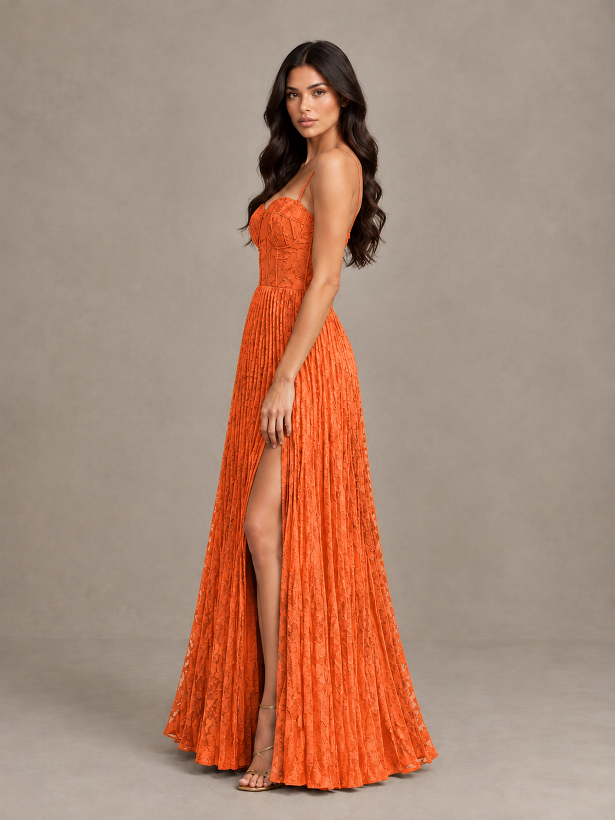 BOLODOO Orange Pleated Bridesmaid Dress with Sweetheart Neckline & Slit - Orange - Orange (3)