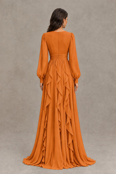 BOLODOO Orange Long Sleeve V-Neck Ruffle Maxi Dress - Orange - Orange (3)