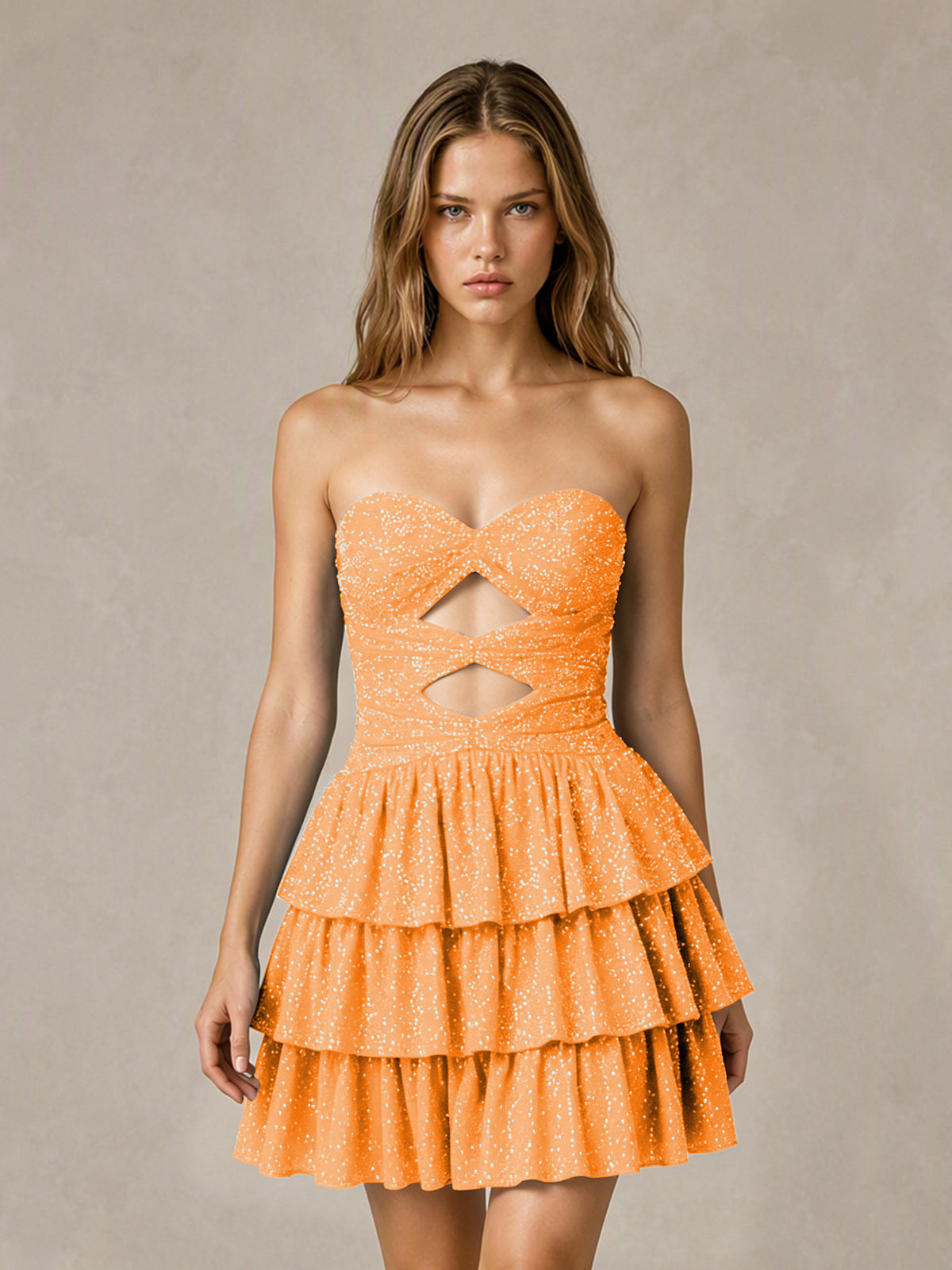 BOLODOO Orange Strapless Sweetheart Cutout Glitter Tiered Ruffle Mini Dress | Lace-Up Back Corset - Orange