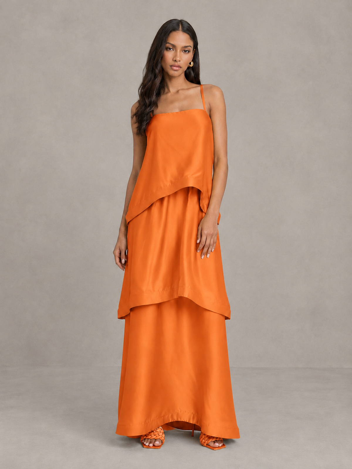 BOLODOO Orange Satin Tiered Maxi Dress with Spaghetti Straps - Orange