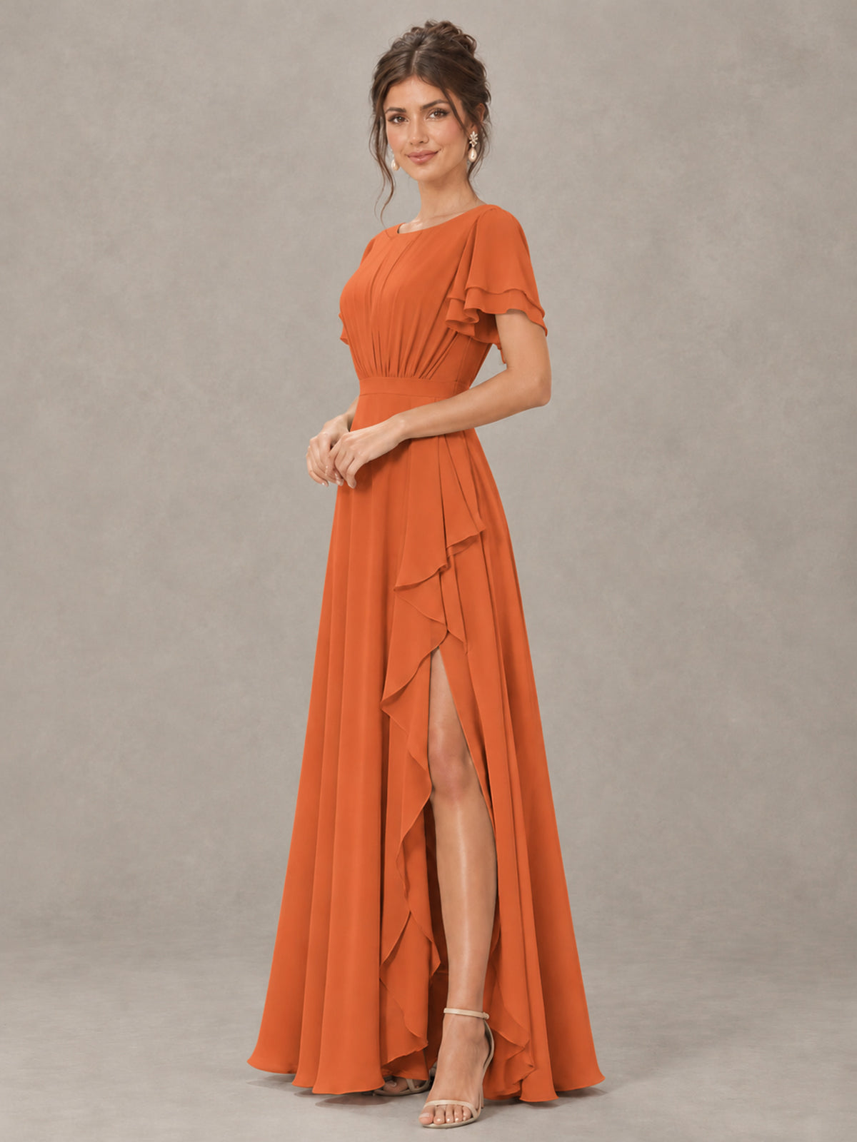 BOLODOO Orange Flutter Sleeve Ruffle Bridesmaid Dress with Slit - Orange - Orange (3)