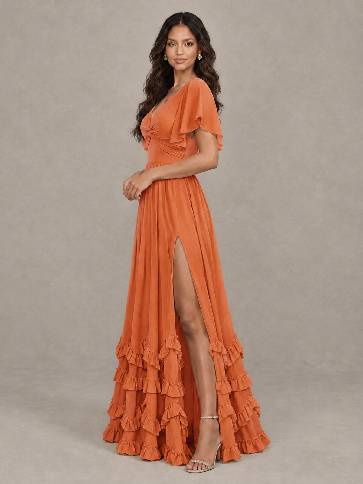 BOLODOO Orange V-Neck Flutter Sleeve Ruffle Bridesmaid Dress with Slit - Orange - Orange (3)