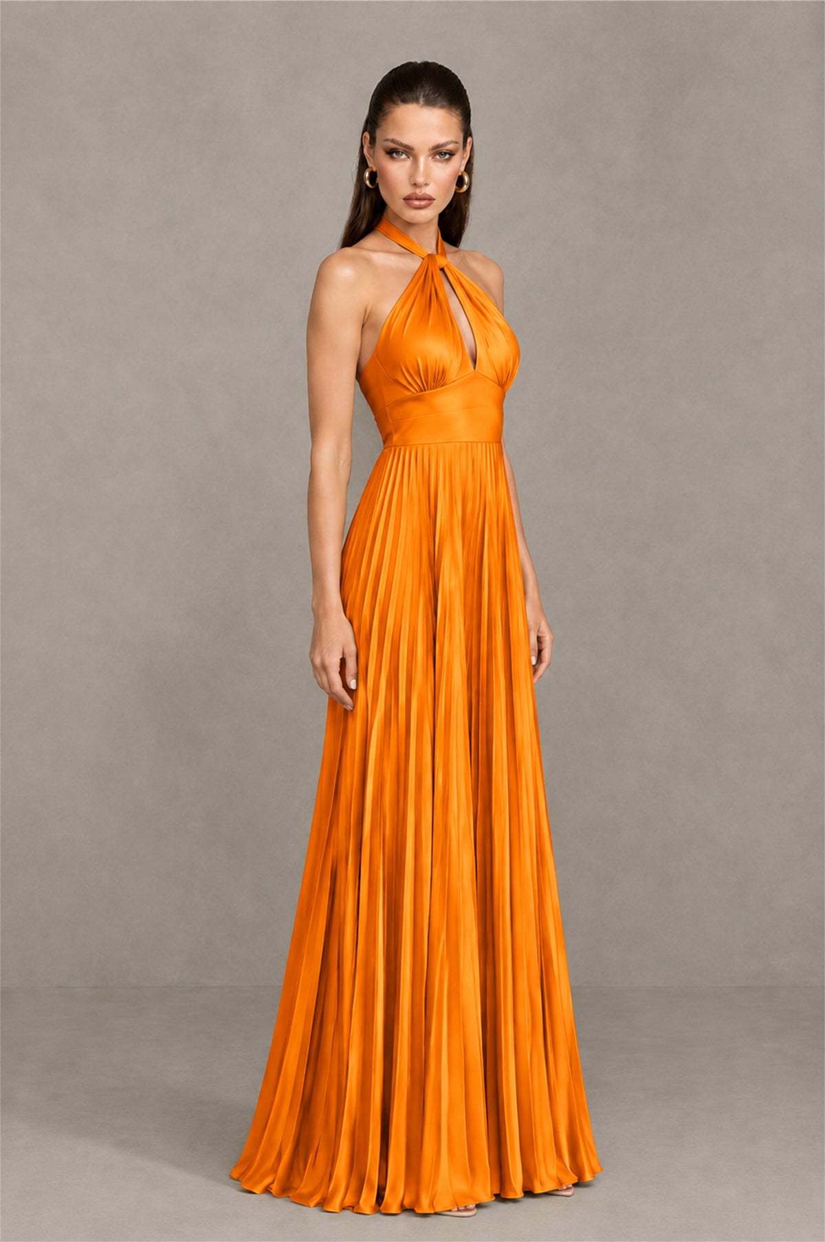 BOLODOO Orange Halter Pleated A-Line Evening Dress - Orange - Orange (3)