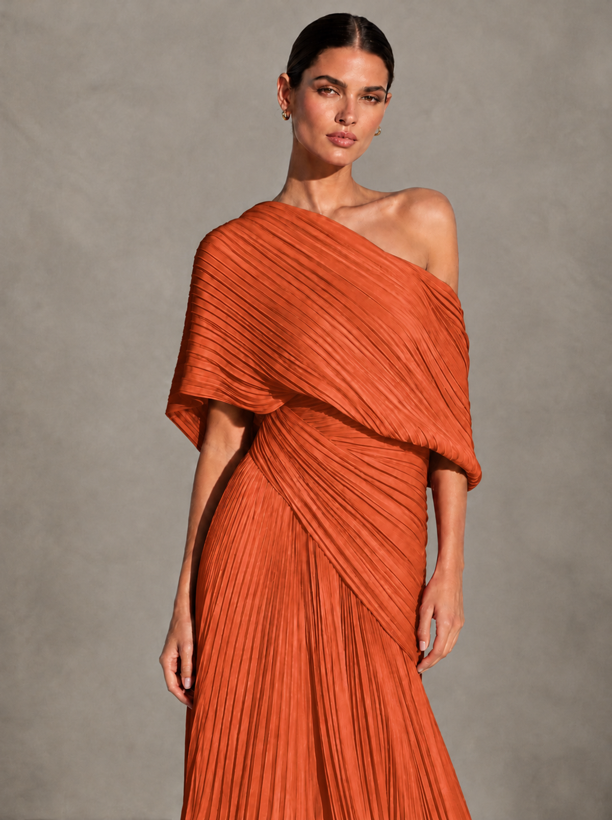 BOLODOO Orange One-Shoulder Pleated Cape Evening Gown with Train - Orange - Orange (3)