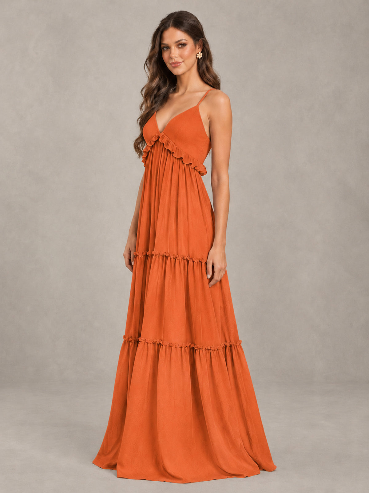BOLODOO Orange Tiered V-Neck Lace-Up Back Bridesmaid Dress - Orange - Orange (3)