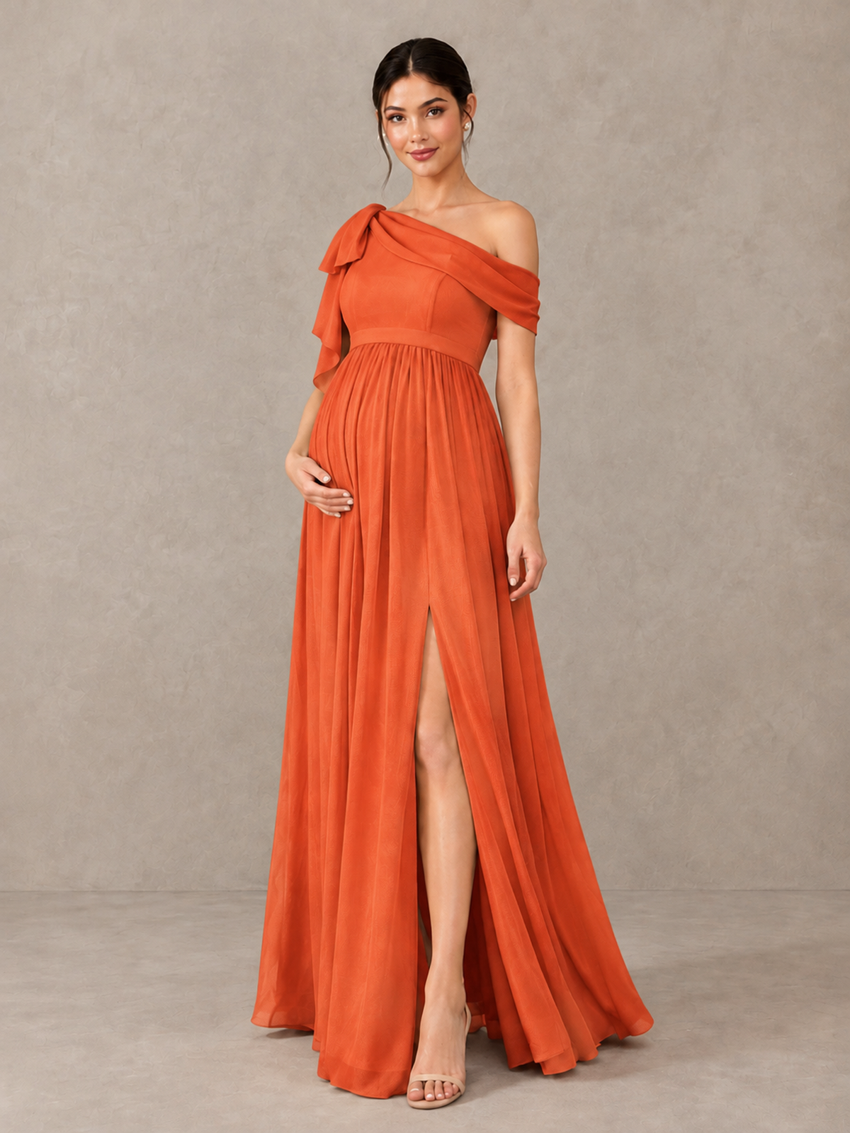 BOLODOO Orange One-Shoulder Maternity Bridesmaid Dress with Slit - Orange - Orange (3)