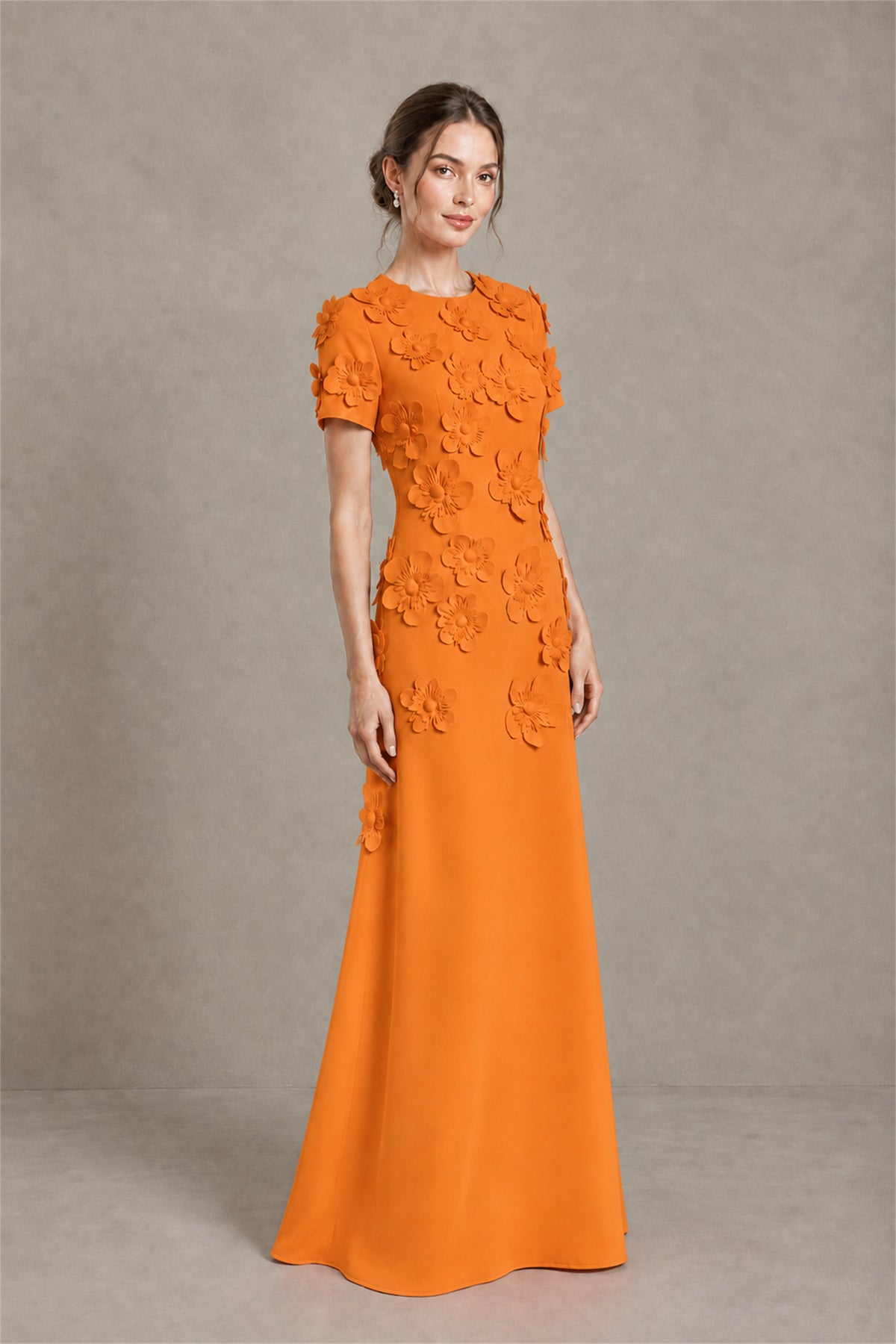 BOLODOO Orange Textured Floral Maxi Dress with Short Sleeves - Orange