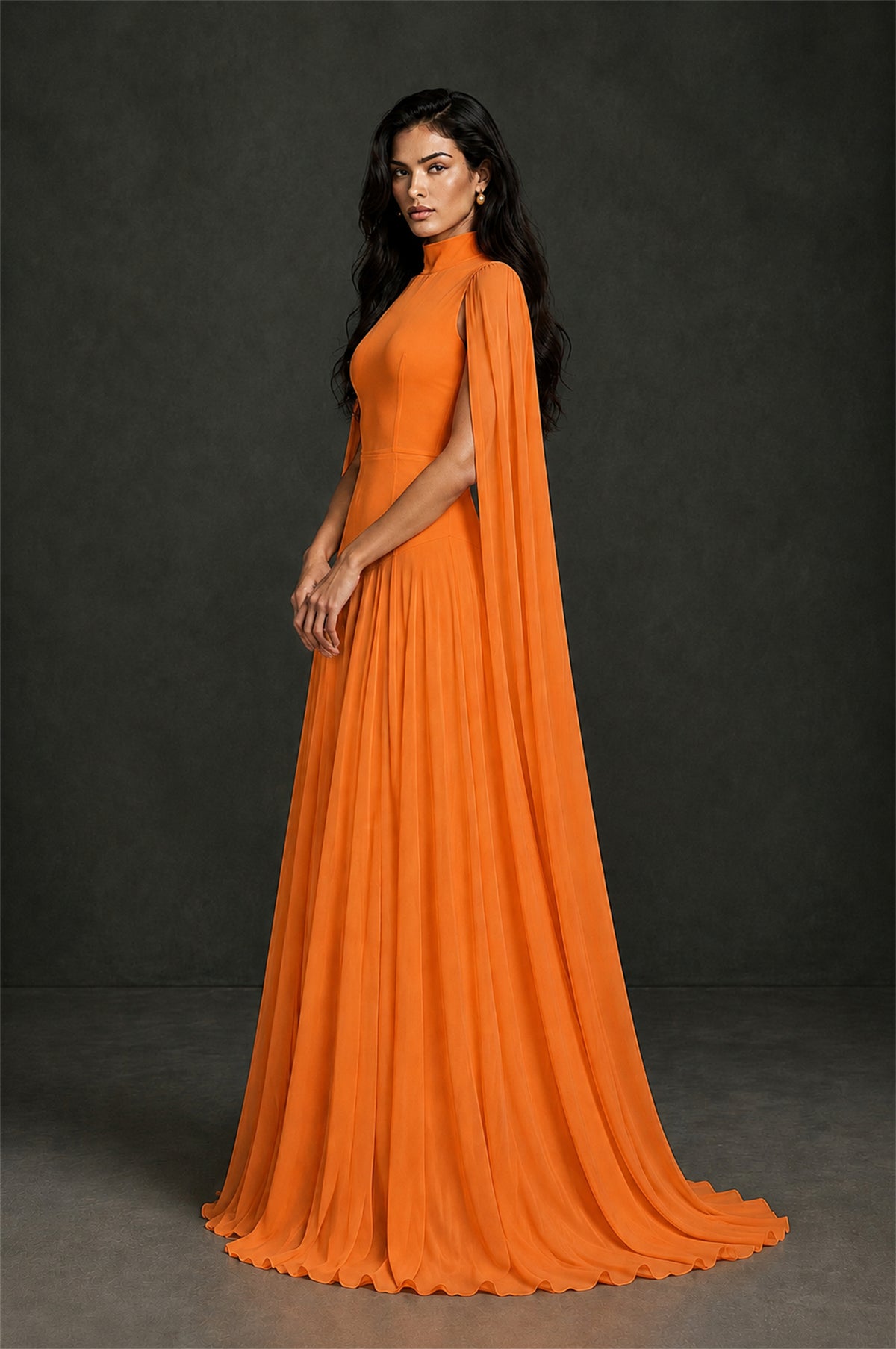 BOLODOO Orange Mock Neck Cape Sleeve A-Line Chiffon Maxi Dress - Orange - Orange (3)