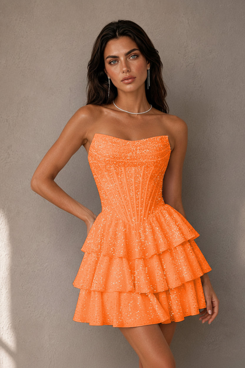 BOLODOO Navy Rhinestone Strapless Corset Tiered Ruffle Lace-Up Back Homecoming Mini Dress - Orange - Orange