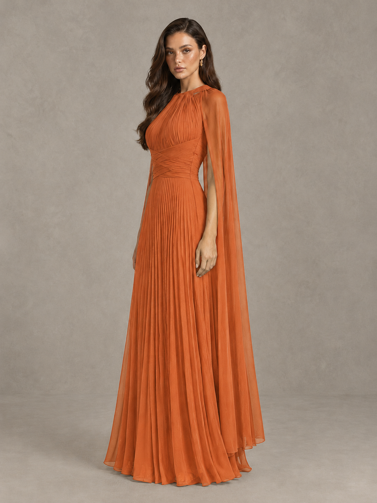 BOLODOO Orange Pleated Cape Maxi Wedding Guest Dress - Orange - Orange (3)