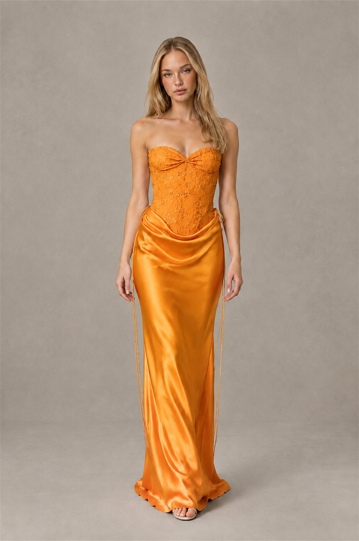 BOLODOO Orange Strapless Embellished Corset Satin-Look Maxi Dress - Orange