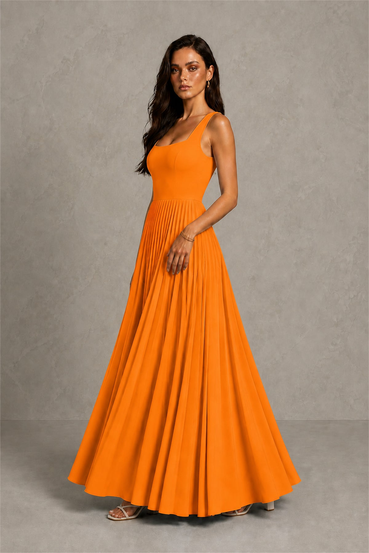 BOLODOO Orange Square Neck Wide Strap Lace-Up Back Pleated A-Line Chiffon Maxi Dress - Orange