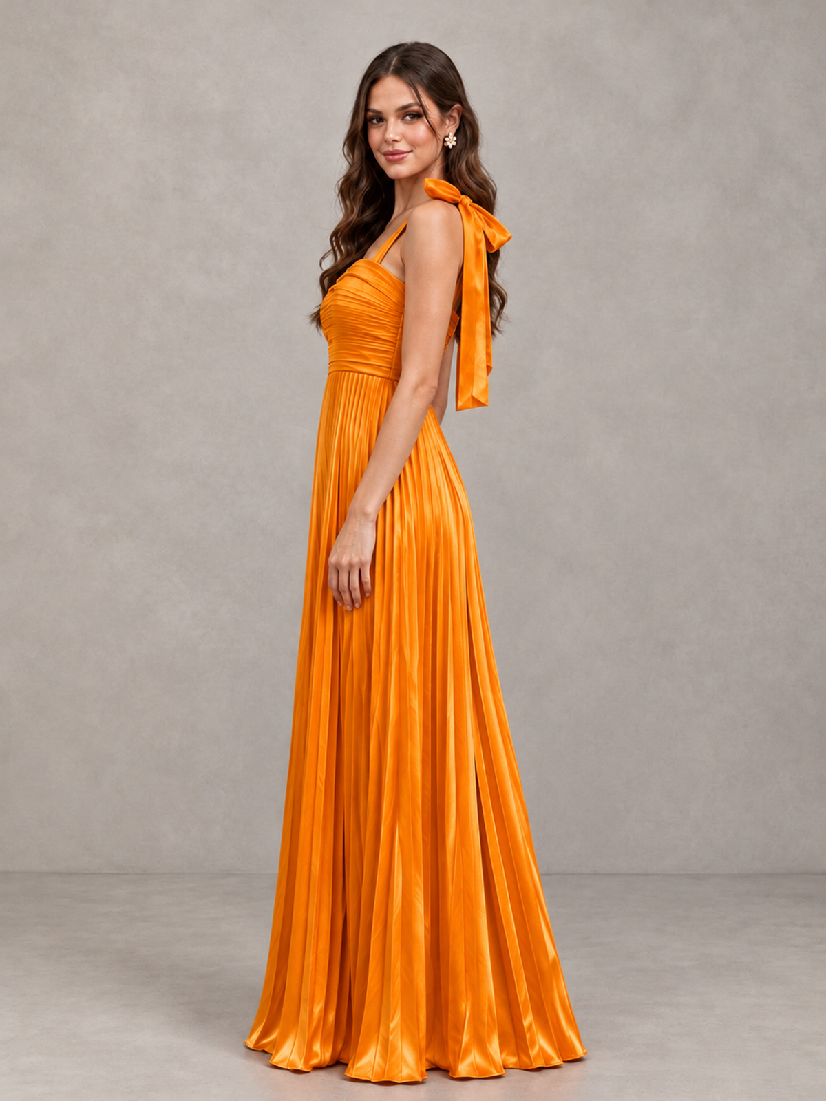 BOLODOO Orange Pleated Bow-Strap Bridesmaid Maxi Dress - Orange - Orange (3)