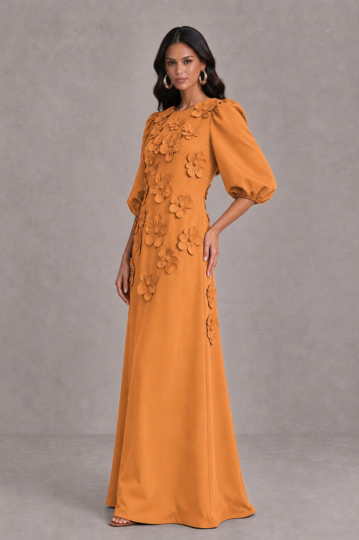 BOLODOO Orange Floral Applique Puff Sleeve A-Line Evening Dress - Orange - Orange (4)
