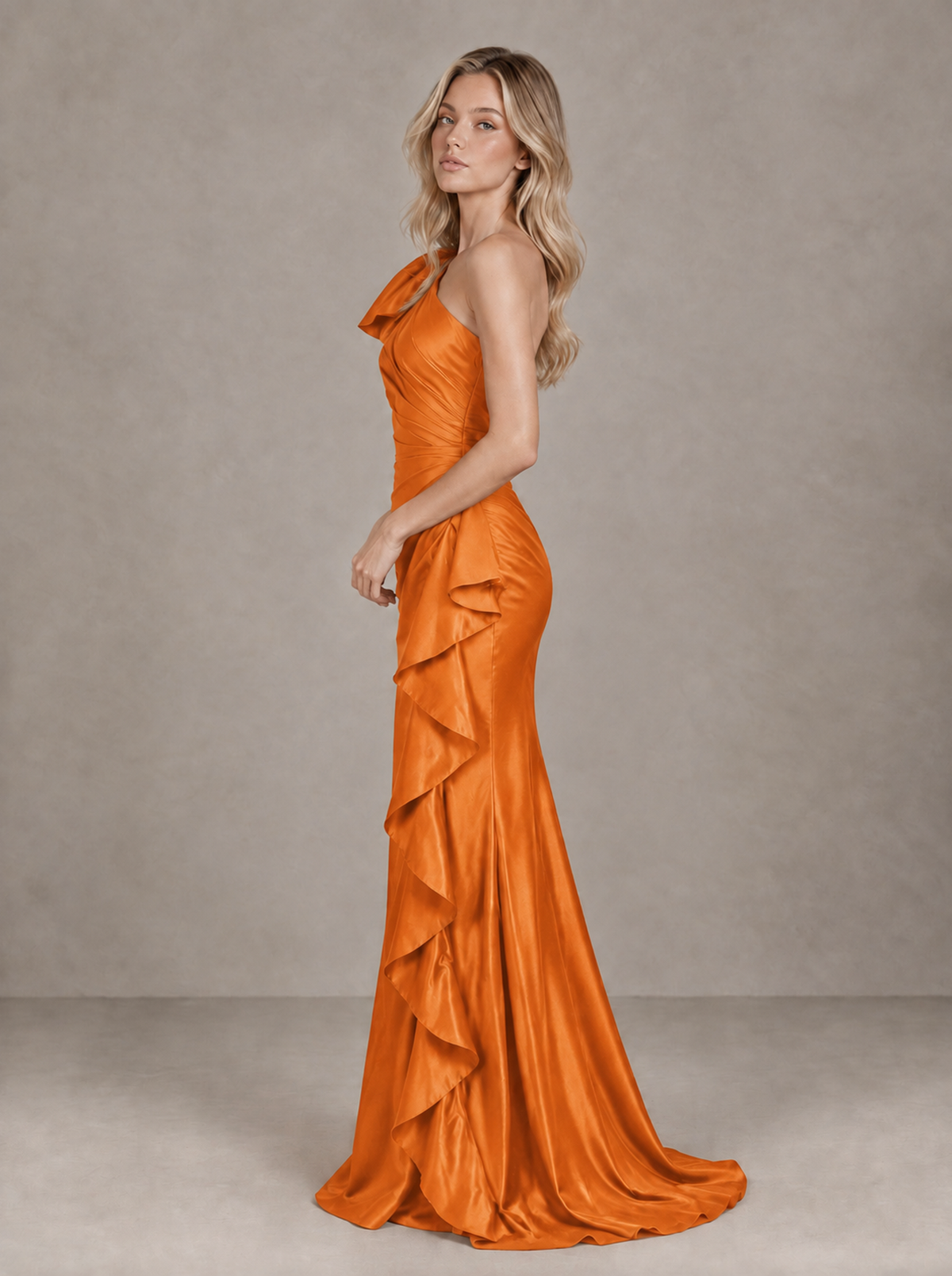 BOLODOO Orange One-Shoulder Satin-Look Mermaid Evening Dress with Ruffles - Orange - Orange (4)