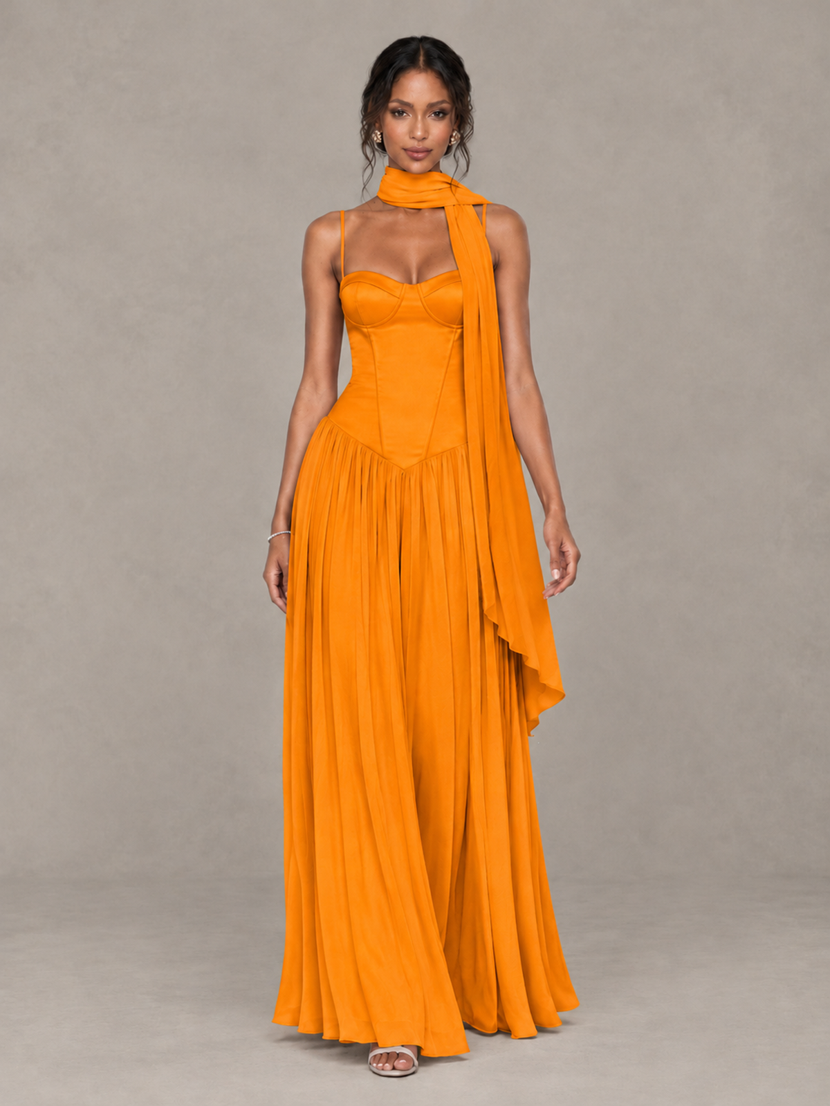 BOLODOO Orange Corset Bridesmaid Dress with Scarf - Orange - Orange (4)