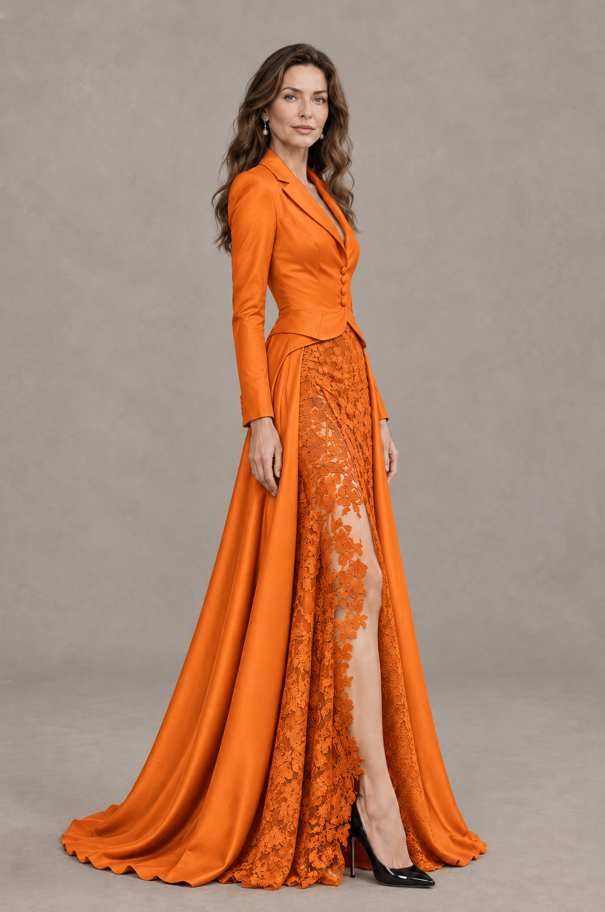 BOLODOO Orange Long Sleeve Lace Blazer Gown with High Slit - Orange - Orange (4)