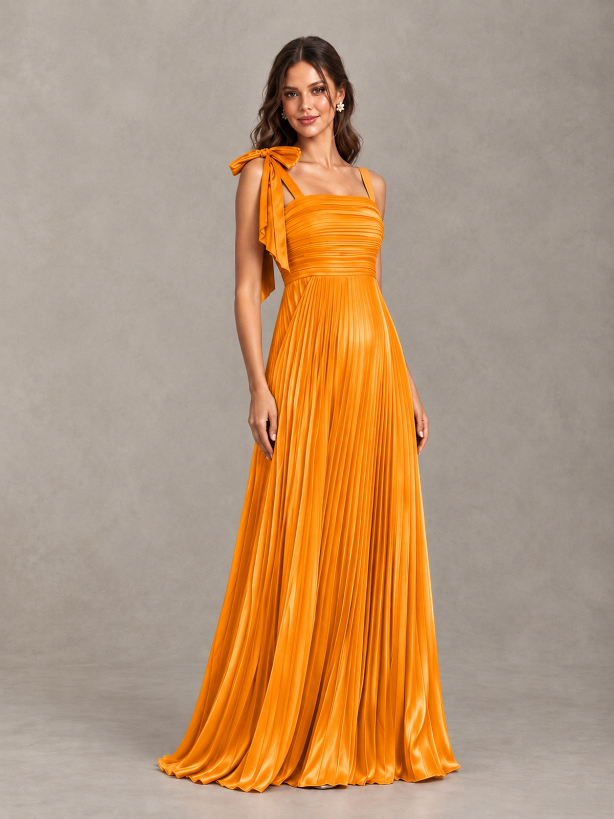 BOLODOO Orange Pleated Bow-Strap Bridesmaid Maxi Dress - Orange - Orange (4)