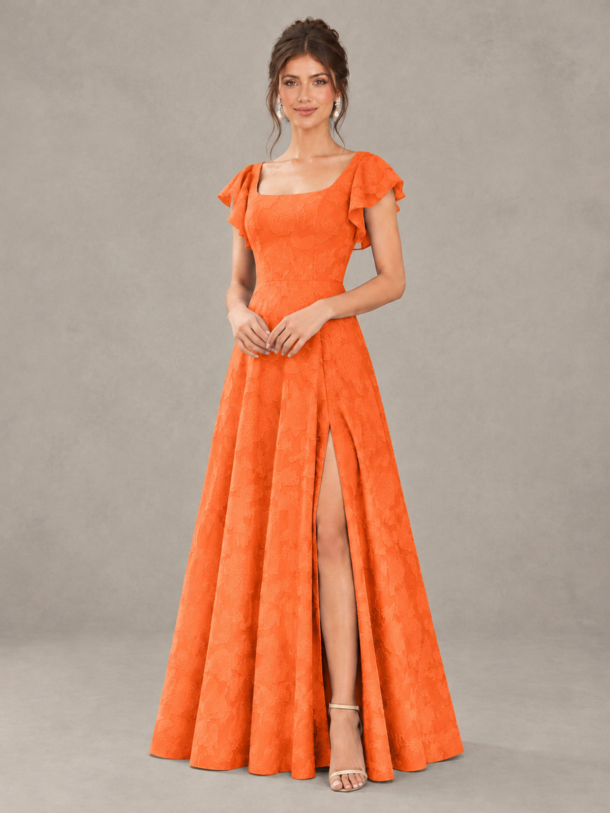 BOLODOO Orange Floral Flutter Sleeve Bridesmaid Dress with Slit - Orange - Orange (4)