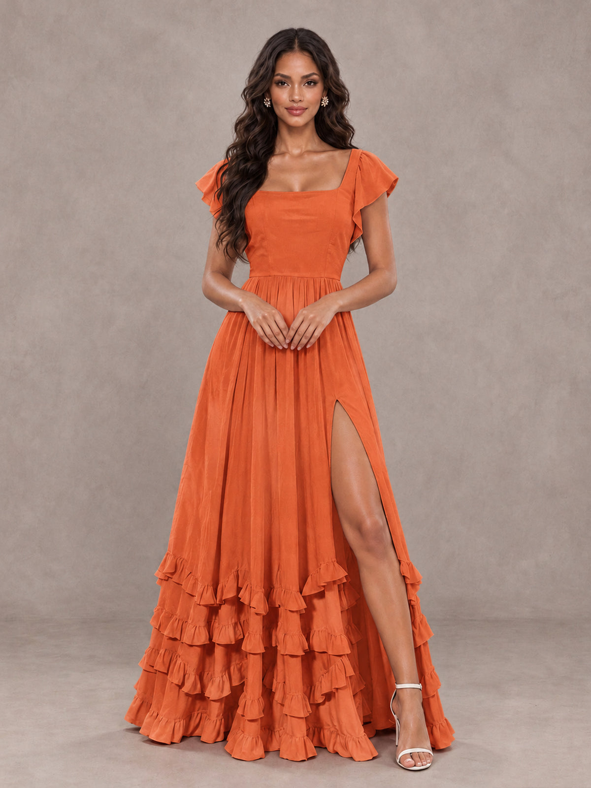 BOLODOO Orange Flutter Sleeve Ruffle Bridesmaid Dress with Slit - Orange - Orange (4)