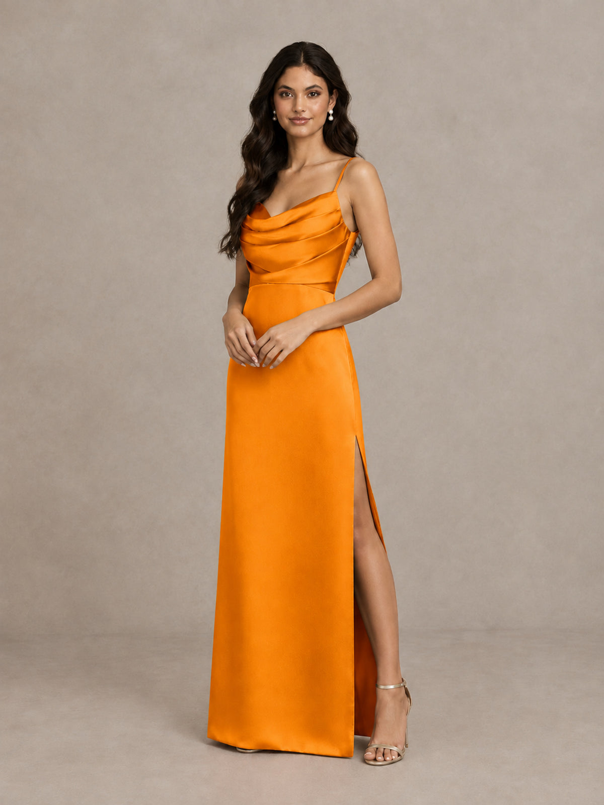 BOLODOO Orange Cowl Neck Satin Bridesmaid Dress with Slit - Orange - Orange (4)