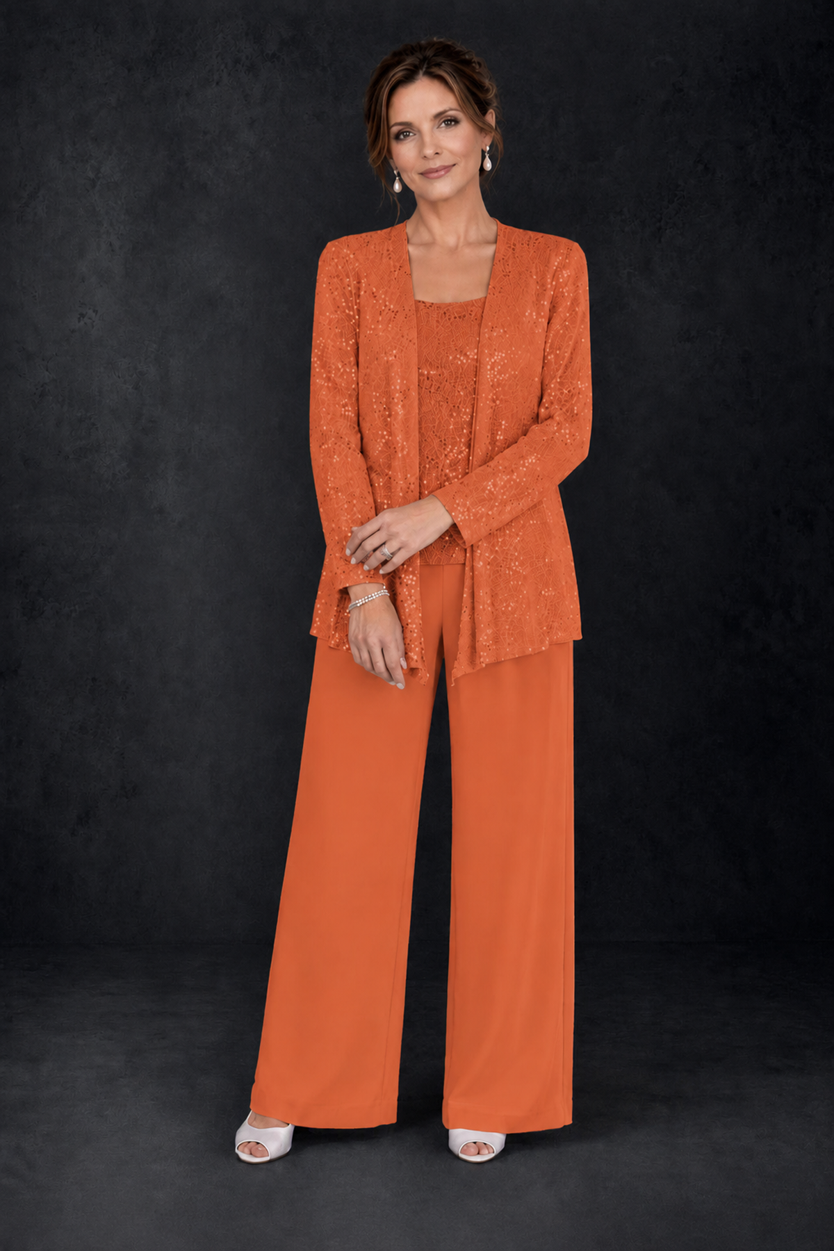 BOLODOO Orange Sequin Lace 3-Piece Pant Suit with Long Sleeve Jacket - Orange - Orange (4)