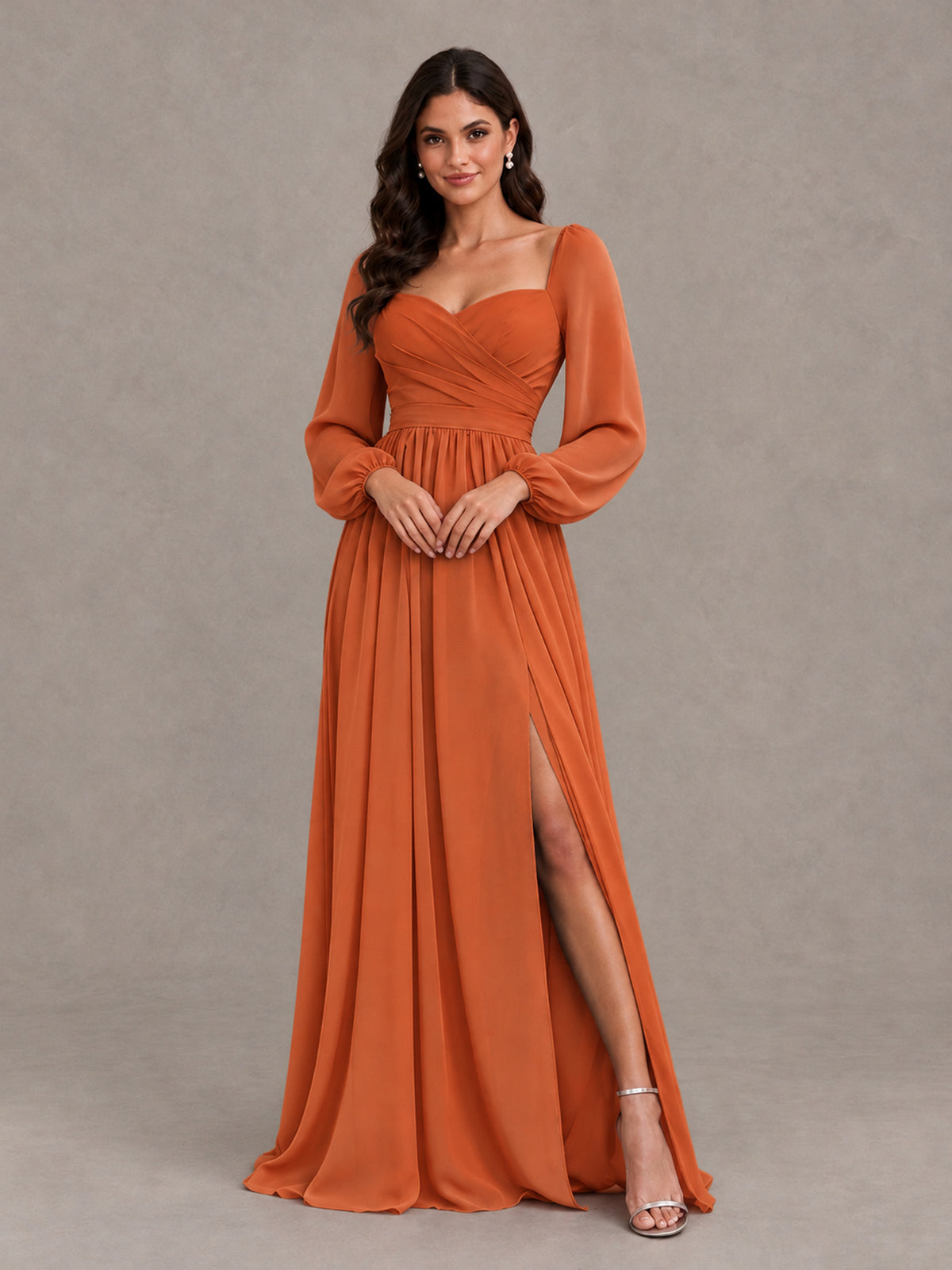 BOLODOO Orange Long Sleeve Chiffon Bridesmaid Dress with Slit - Orange - Orange (4)