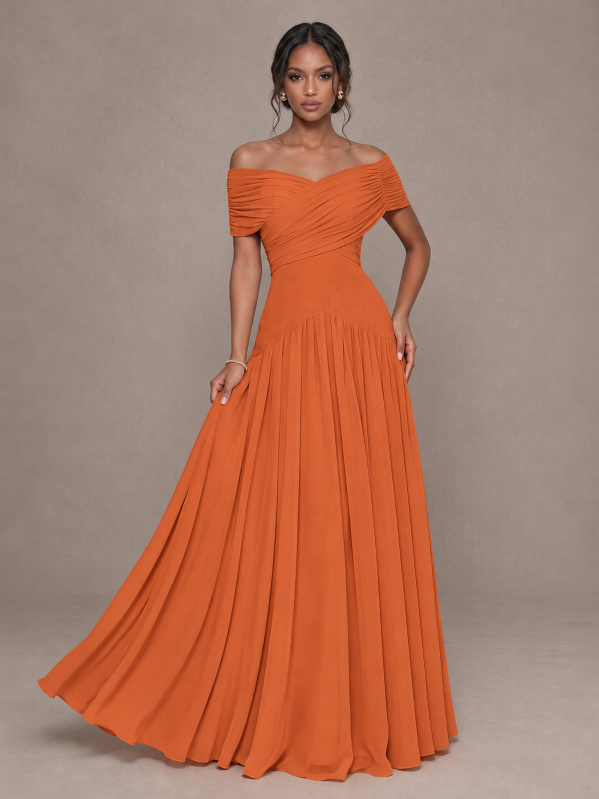 BOLODOO Orange Off-Shoulder Ruched A-Line Bridesmaid Dress - Orange - Orange (4)