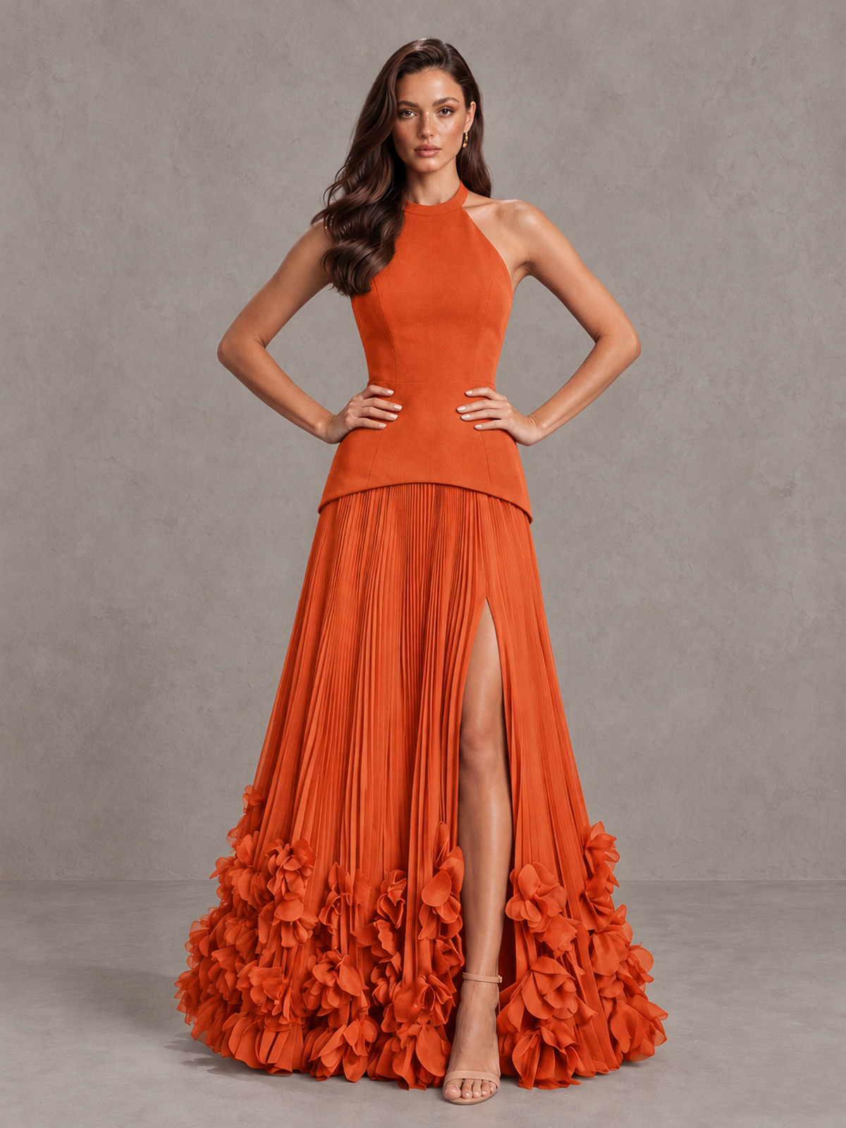 BOLODOO Orange Halter Neck Floor-Length Evening Gown with High Slit & 3D Floral Hem - Orange - Orange (4)