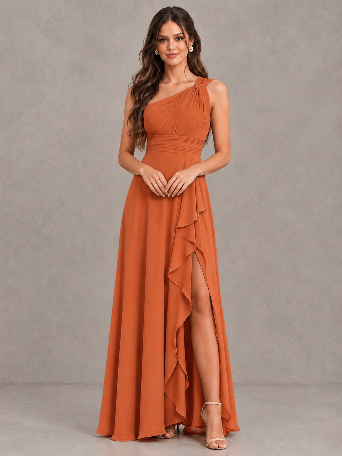 BOLODOO Orange One-Shoulder Ruffle Bridesmaid Dress with Slit - Orange - Orange (4)
