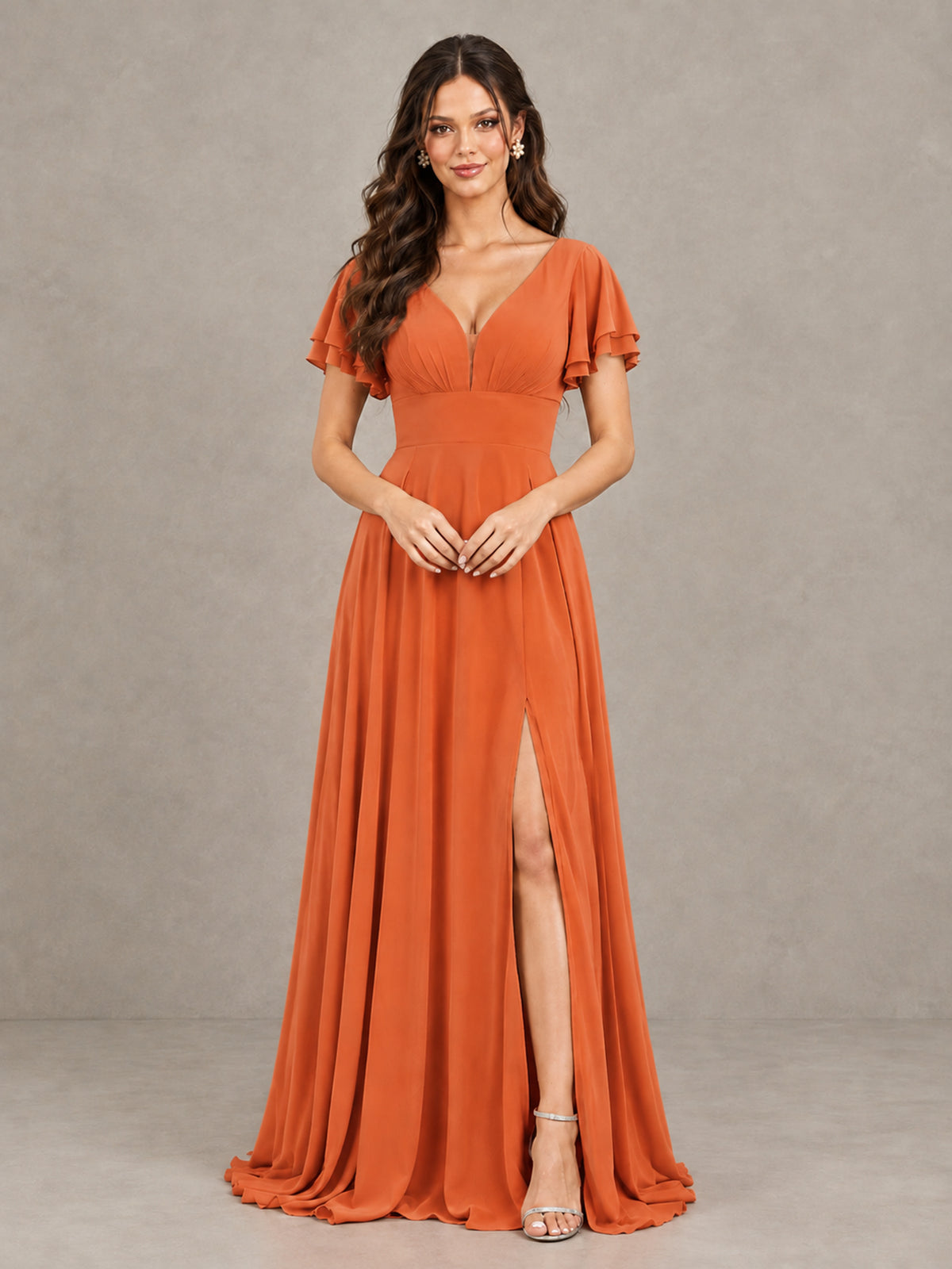 BOLODOO Orange Flutter Sleeve Chiffon A-Line Maxi Bridesmaid Dress with Open Back & Slit - Orange - Orange (4)