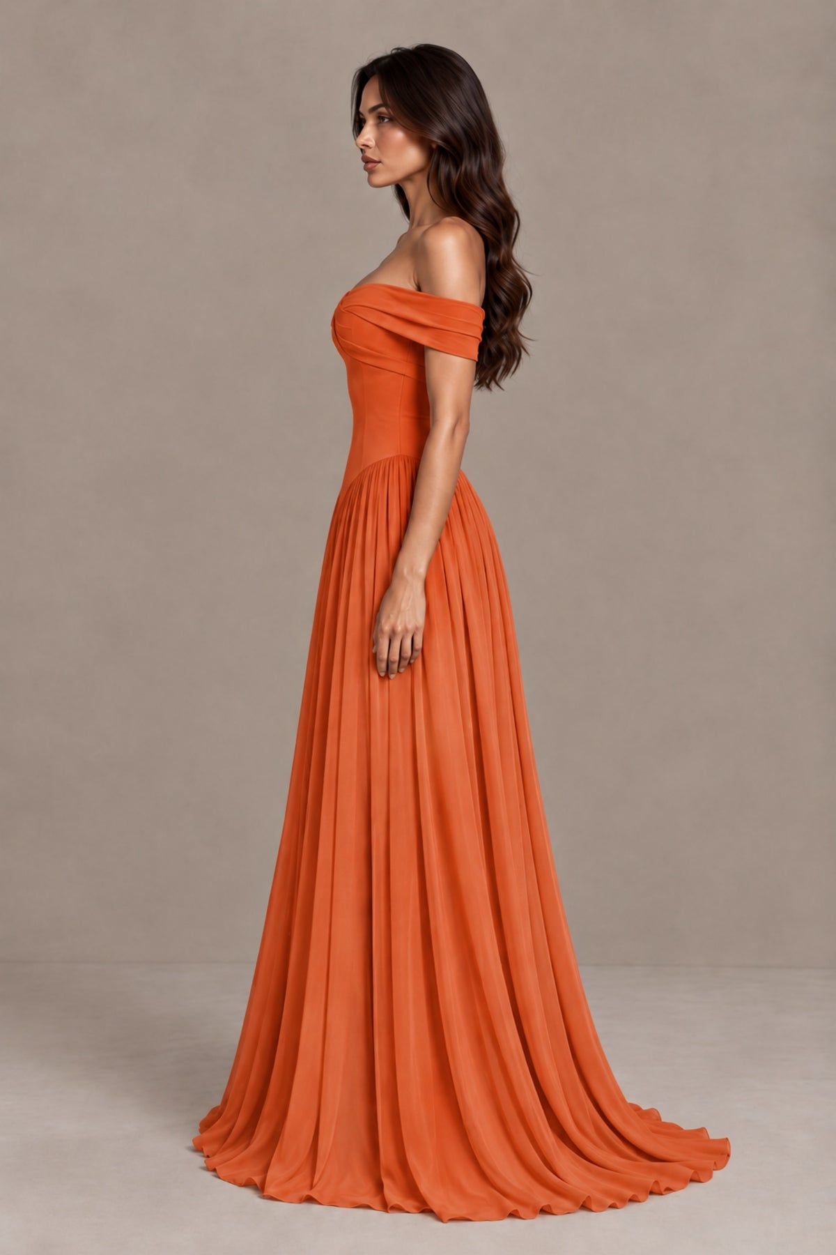 BOLODOO Orange Off-Shoulder Sweetheart Corset Pleated Chiffon Maxi Dress - Orange - Orange (4)