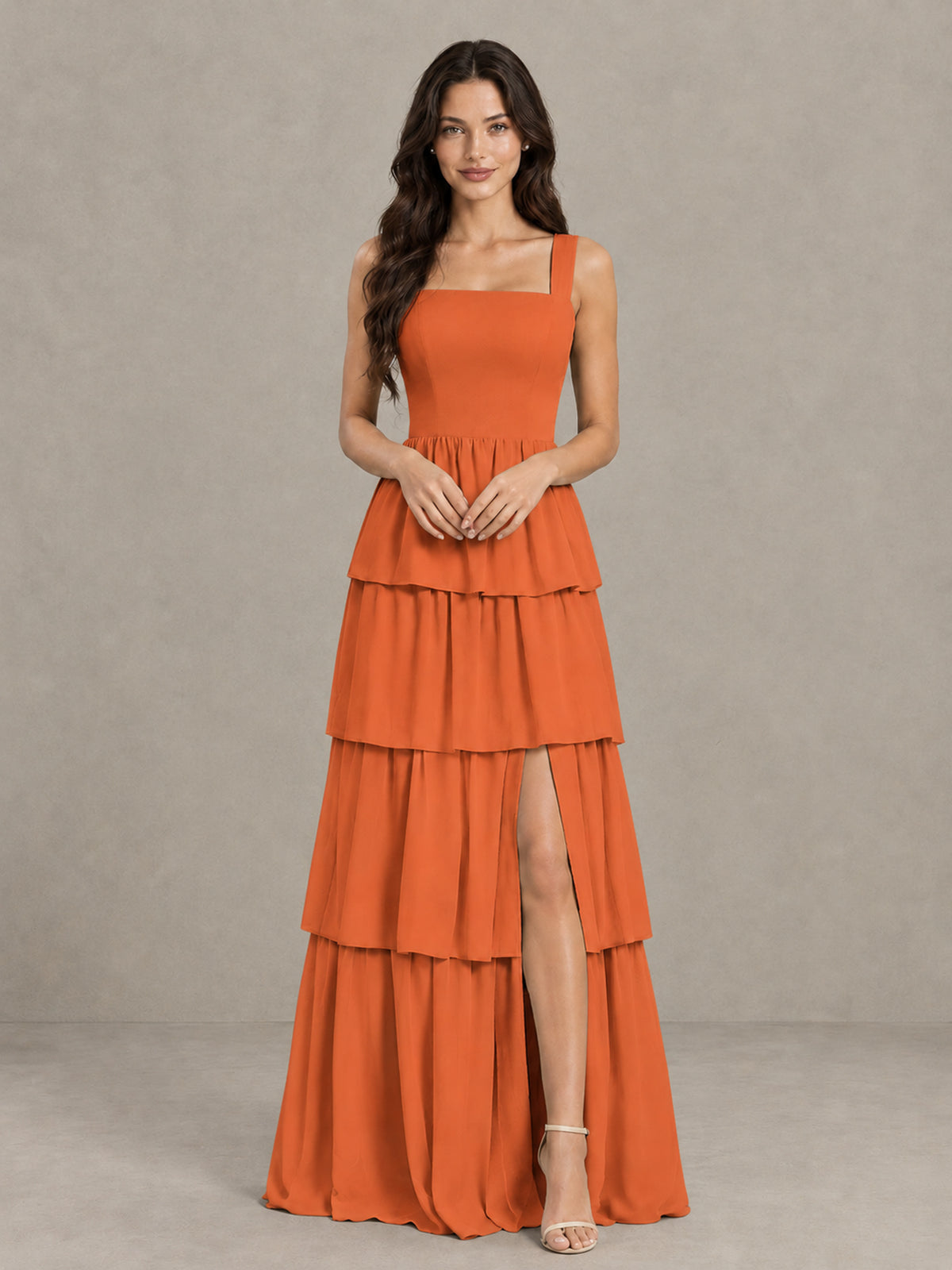 BOLODOO Orange Square Neck Tiered Bridesmaid Dress with Slit - Orange - Orange (4)