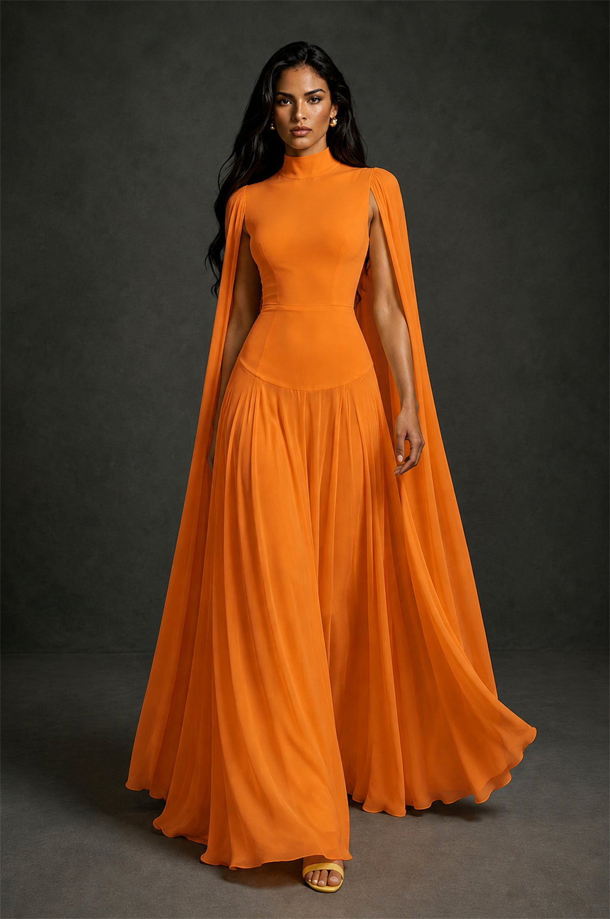 BOLODOO Orange Mock Neck Cape Sleeve A-Line Chiffon Maxi Dress - Orange - Orange (4)