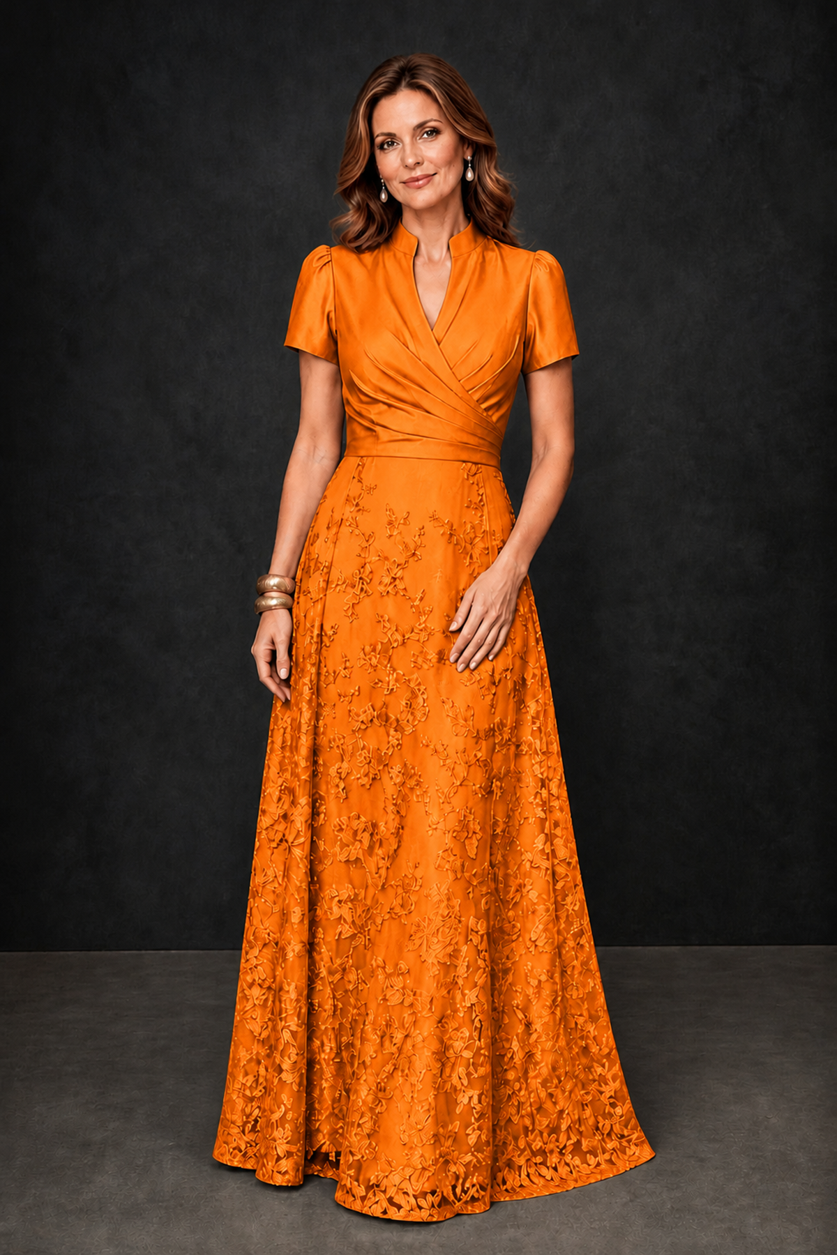 BOLODOO Orange Satin Wrap V-Neck Short Sleeve Lace Glitter A-Line Floor Length Evening Gown – Formal Dress - Orange - Orange (4)