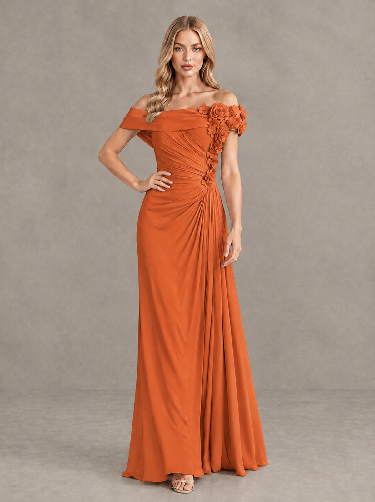 BOLODOO Orange Off-Shoulder Floral Applique Wedding Guest Maxi Dress - Orange - Orange (4)