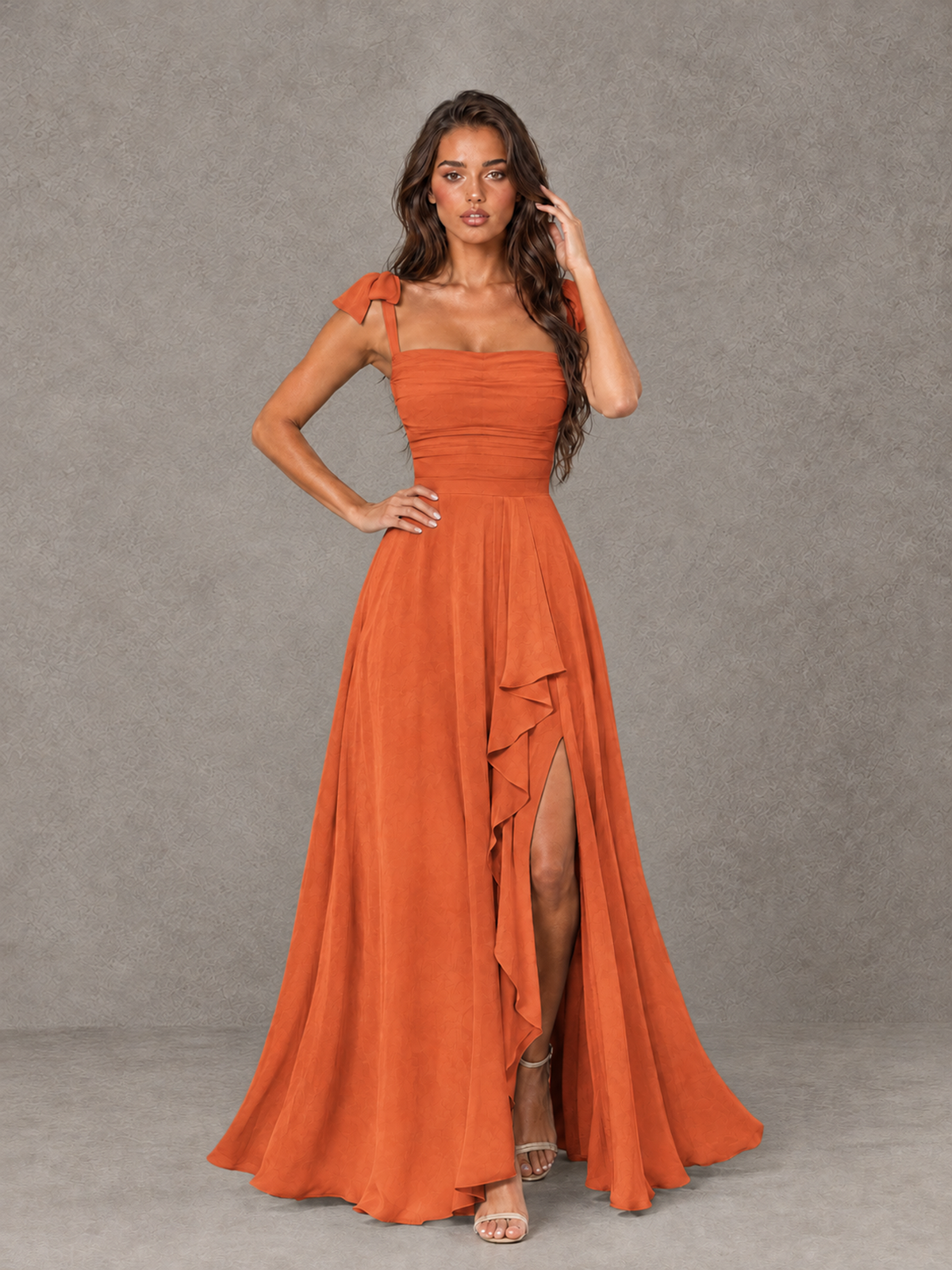 BOLODOO Orange Bow-Strap Bridesmaid Dress with Ruffle Slit - Orange - Orange (4)