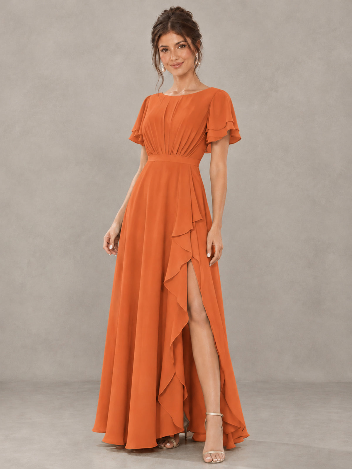BOLODOO Orange Flutter Sleeve Ruffle Bridesmaid Dress with Slit - Orange - Orange (4)